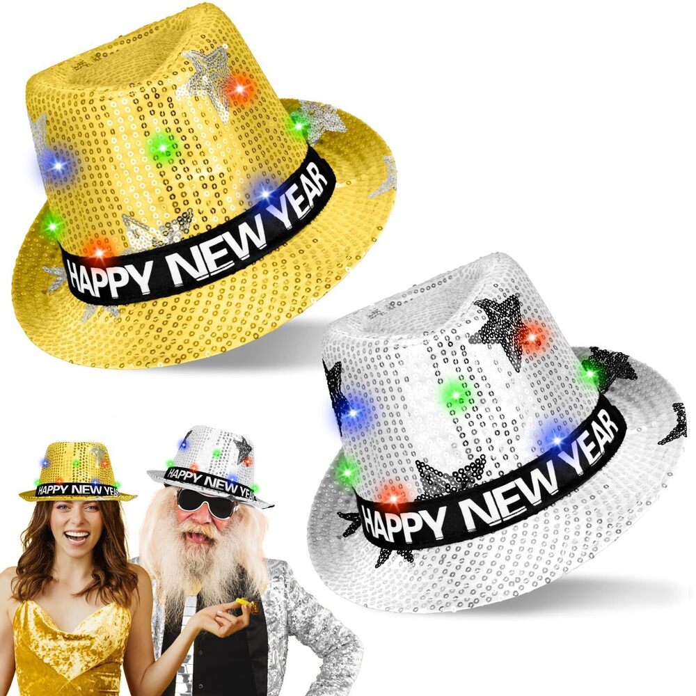 3704 2 Pack Happy New Year Light Up Top Hats Silver Gold Flashing Party
